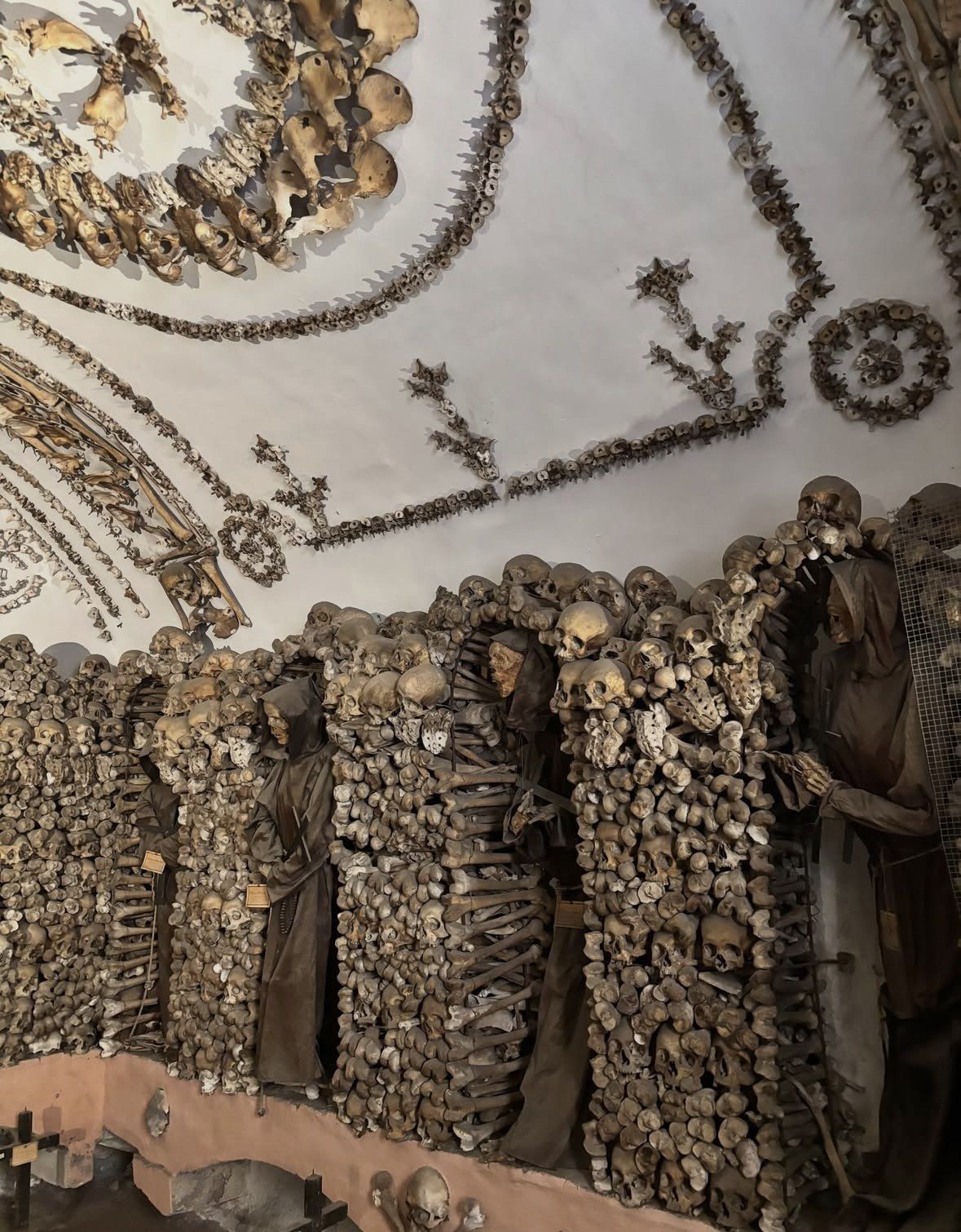 Ceiling patterns of vertebrae and skulls above hooded skeletal figures in robes