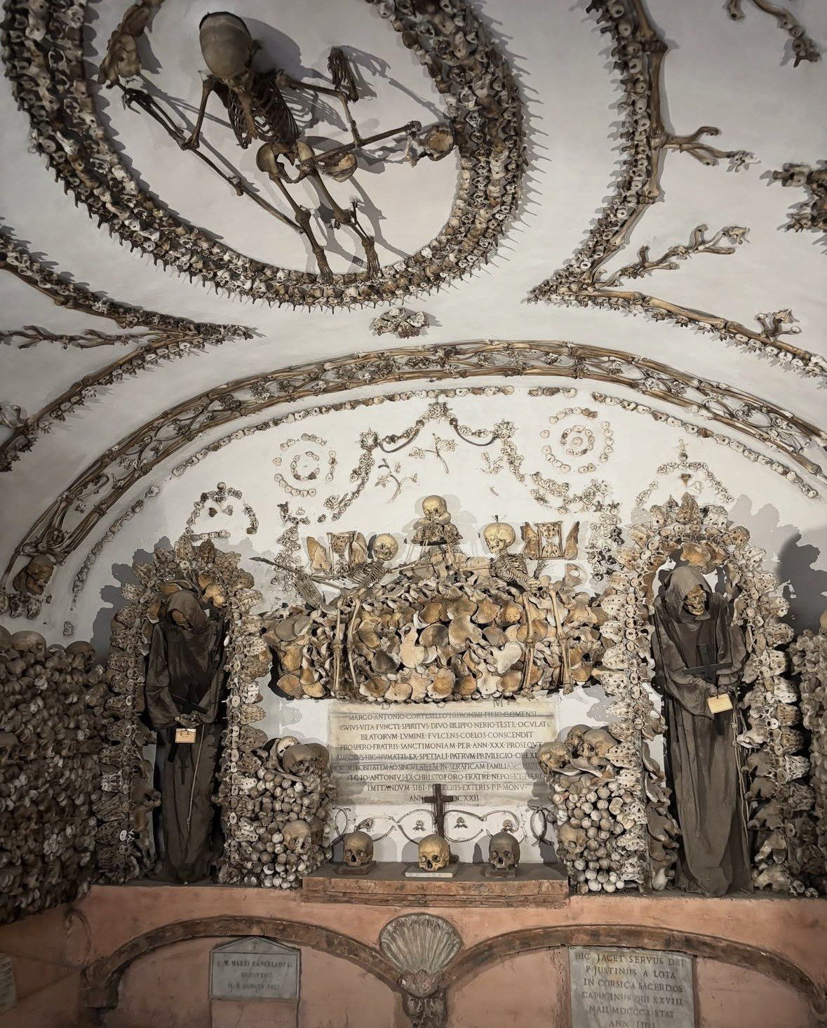 Bone-framed altar wall with Latin plaque beneath a ceiling skeleton
